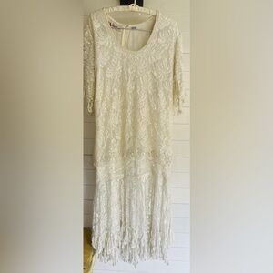 Laurence Kazar 80's White Lace Heavily Beaded Pearl Wedding Dress Sz M Flapper